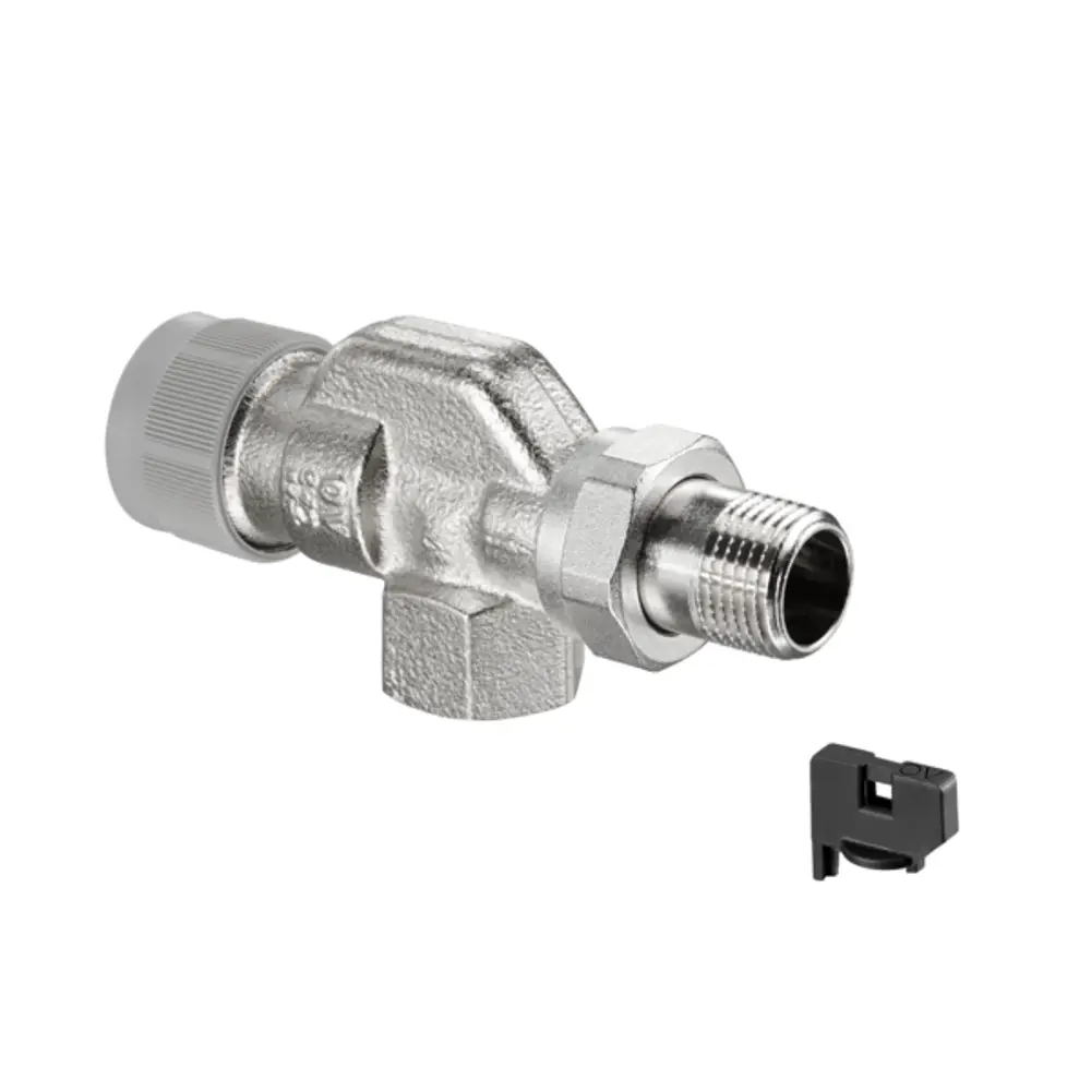 Thermostatventil aus Metall mit geradem Anschluss und einem schwarzen Clip. Die Kappe ist sichtbar, und das Ventil ist für die Regelung von Heizkreisen geeignet. Oventrop-Produkt.